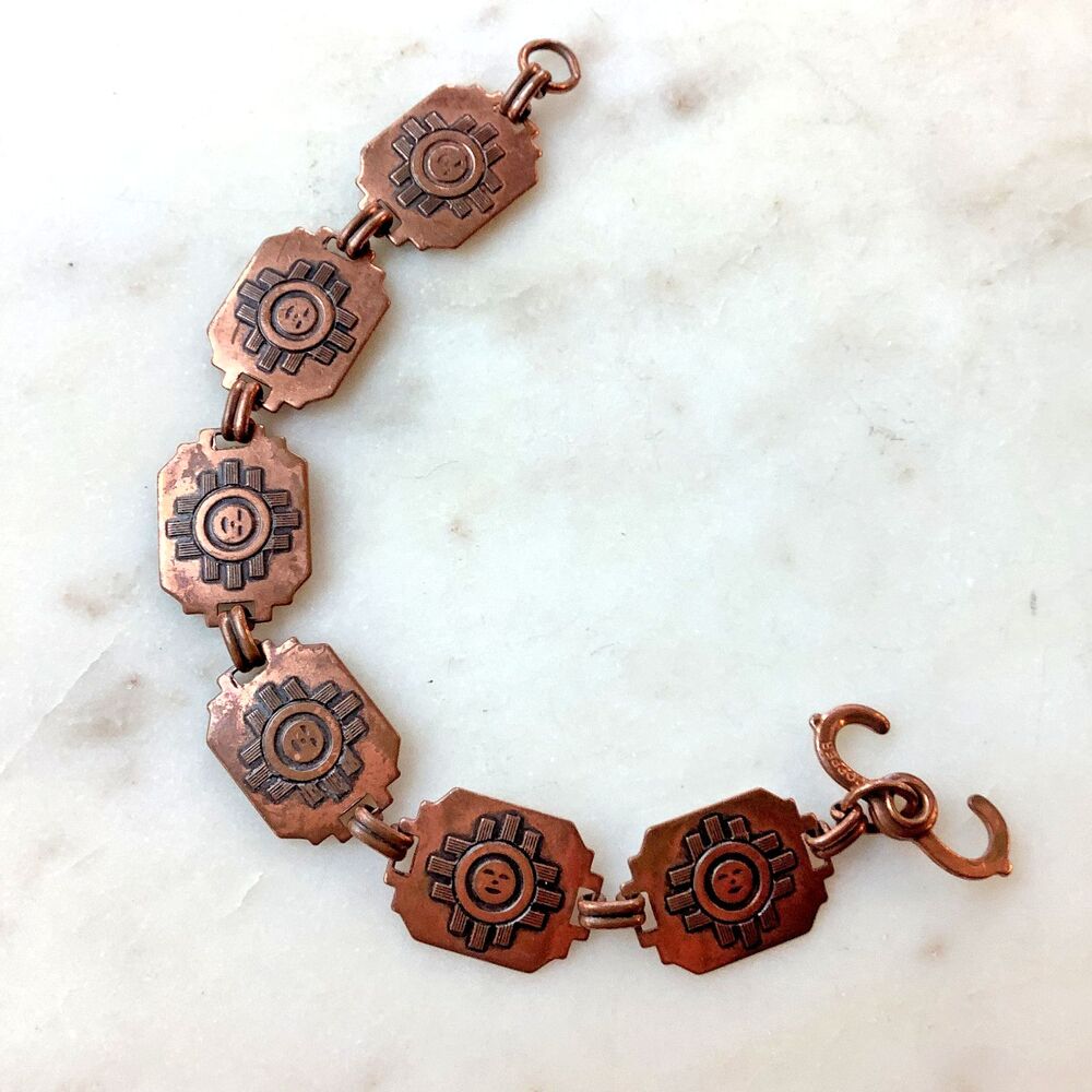 Vintage Copper Bracelet Link Southwest Smiling Sun Leo Authentic Signed 6.75"